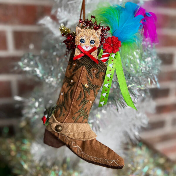 Cat Stocking Ornament "Puss in Boot" with Catnip Feather Toy